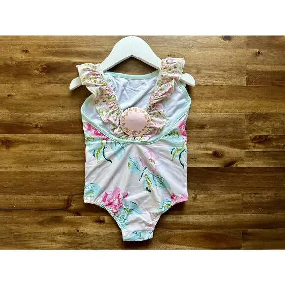 NWT SweetHoney Moxie One Piece Swimsuit Palest Pink Floral Ruffle Preppy 5 - Picture 4 of 6